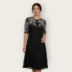 Vintage 90s Eve’s Allure Royal Black Full Beaded Dress Silk Cocktail Dress Small